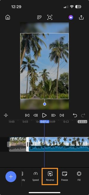 Timeline with a clip selected and the Reverse option highlighted in the bottom toolbar.