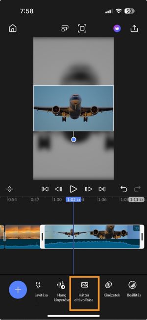 Idővonal egy kiválasztott felvétellel, valamint a Háttér eltávolítása lehetőség ki van emelve az alsó eszköztárban.
