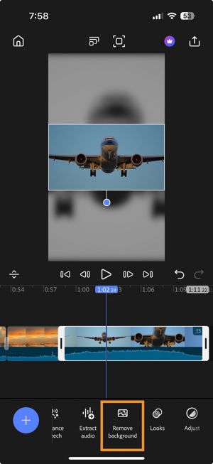 Timeline with a selected clip and the Remove background option highlighted in the bottom toolbar.