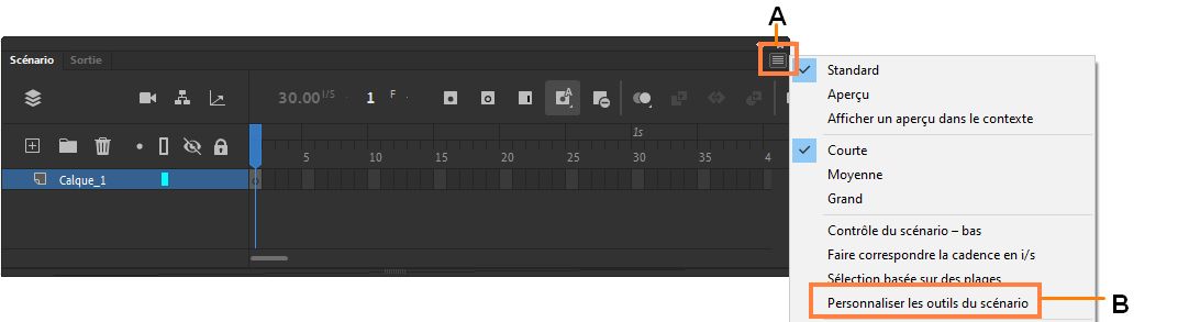 A - Menu en forme de hamburger du scénario B - Option du menu pour personnaliser la barre d’outils du scénario
