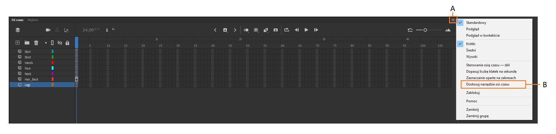 A — ikona menu osi czasu B — opcja menu umożliwiająca dostosowanie paska narzędzi osi czasu