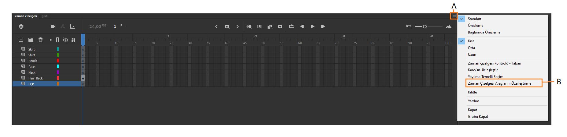 A - Zaman Çizelgesi Hamburger Menüsü B - Zaman çizelgesi araç çubuğunu özelleştirmeyle ilgili menü seçeneği