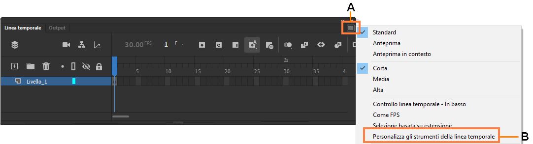 A - Menu della linea temporale B - Opzione per personalizzare la barra degli strumenti della linea temporale