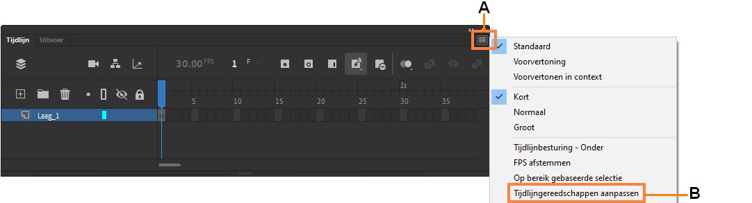 A - Hamburgermenu van tijdlijn B - Menuoptie om werkbalk van tijdlijn aan te passen