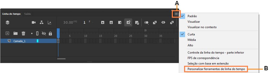 A - Menu de opções da linha do tempo B - Opção de menu para personalizar a barra de ferramentas da linha do tempo