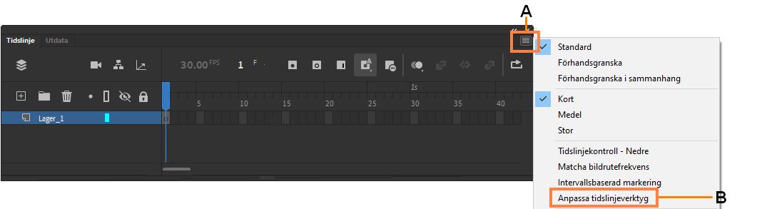 A – Tidslinjens hamburgermeny B – Menyalternativ för att anpassa verktygsfältet för tidslinjen