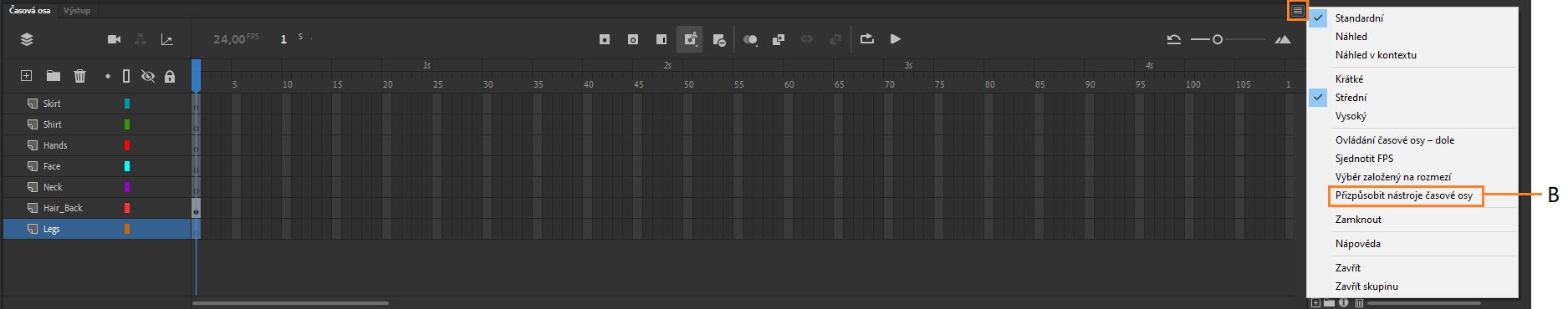 A – Hamburgerová nabídka časové osy B – Možnosti nabídky pro přizpůsobení panelů nástrojů časové osy
