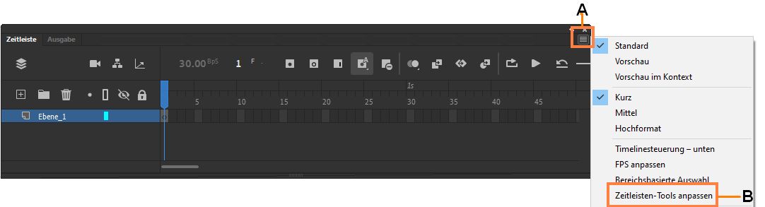 A - Zeitleisten-Hamburger-Menü B - Menüoption zum Anpassen der Zeitleisten-Symbolleiste