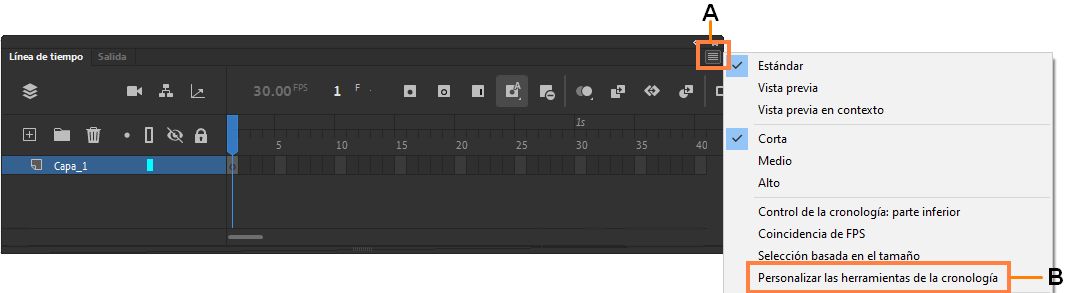 Opción del menú B del menú de la hamburguesa a la cronología para personalizar la cronología