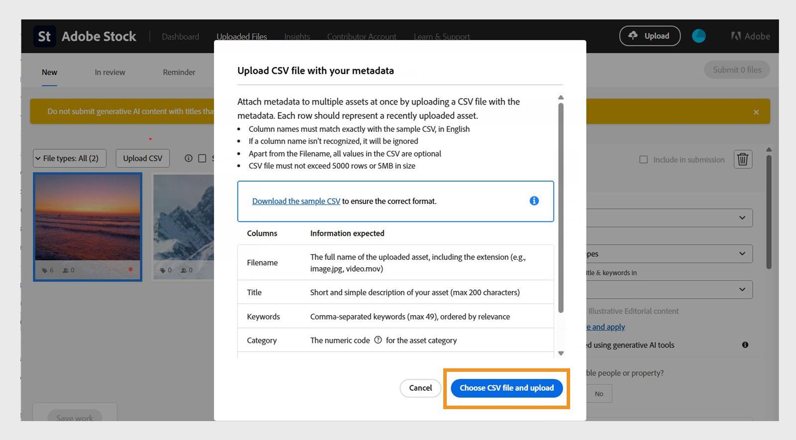 Para cargar un archivo CSV, selecciona el botón Elegir archivo CSV y cargar.