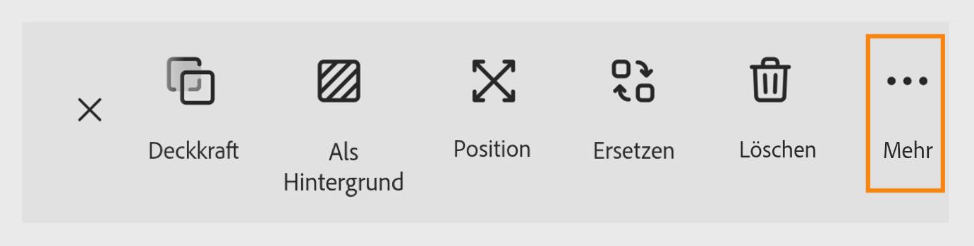 Symbolleistenoptionen in Adobe Express mit Symbolen für Deckkraft, Hintergrund festlegen, Transformieren, Ersetzen, Löschen und einem hervorgehobenen Menü „Mehr“.