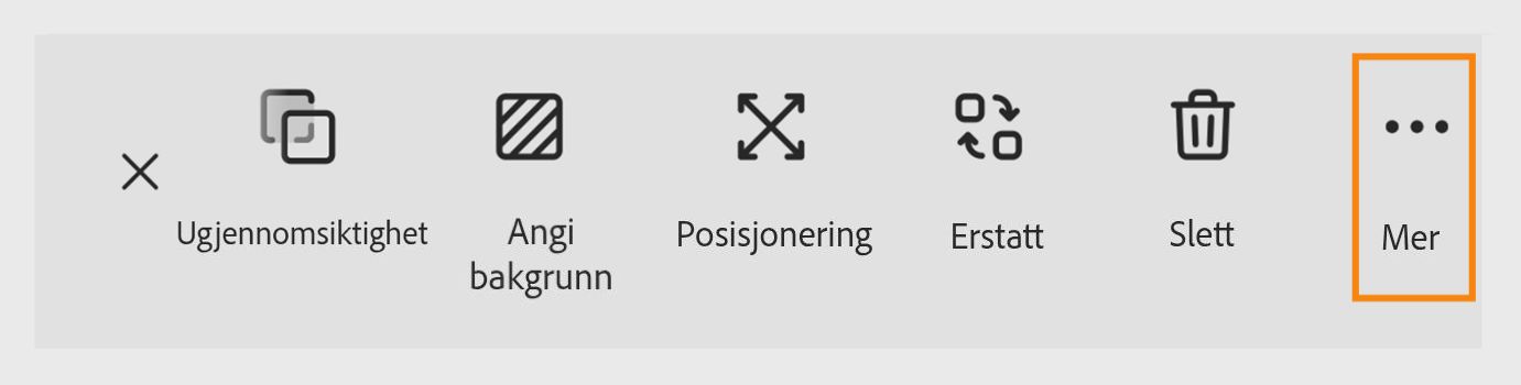 Alternativer på verktøylinjen i Adobe Express som viser ikoner for ugjennomsiktighet, angi bakgrunn, transformer, erstatt, slett og en uthevet «Mer»-meny.