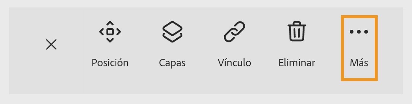 Opciones de la barra de herramientas en Adobe Express que muestran iconos para opacidad, establecer fondo, transformar, reemplazar, eliminar y un menú "Más" resaltado.