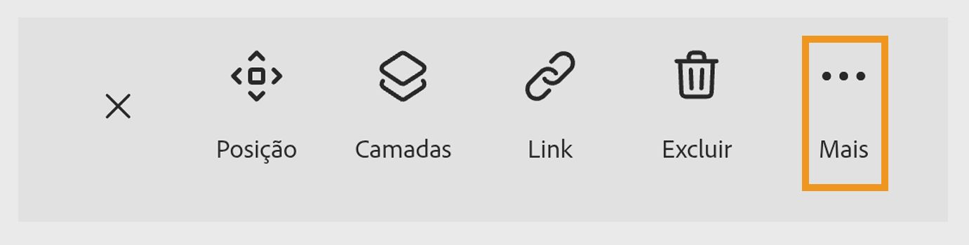 Opções da barra de ferramentas no Adobe Express mostrando ícones para opacidade, definir fundo, transformar, substituir, excluir e um menu "Mais" destacado.