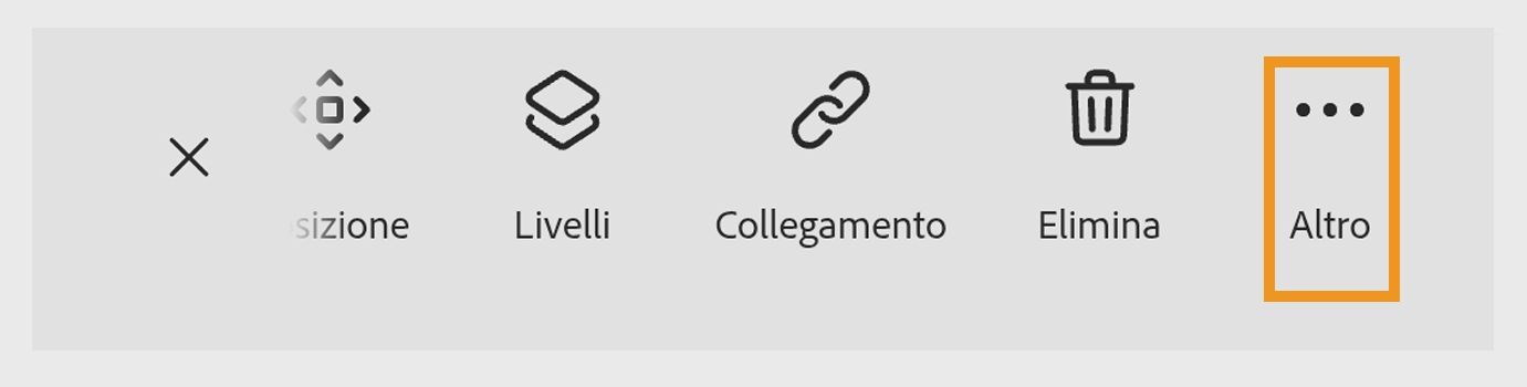 Le opzioni della barra degli strumenti in Adobe Express mostrano icone per tonalità, impostare lo sfondo, trasformare, sostituire, eliminare e un menu "Altro" evidenziato.