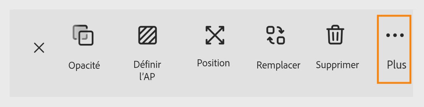 Options de la barre d’outils dans Adobe Express montrant les icônes pour Opacité, Définir l’arrière-plan, Transformer, Remplacer, Supprimer, et un menu « Plus » mis en évidence.