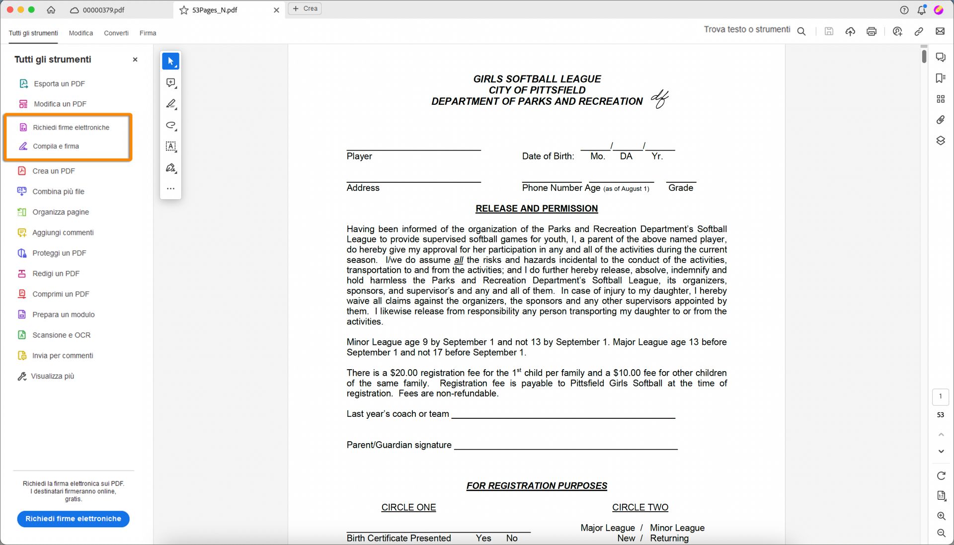 Gli strumenti Richiedi firme e Compila e firma sono ora alla terza e quarta posizione.