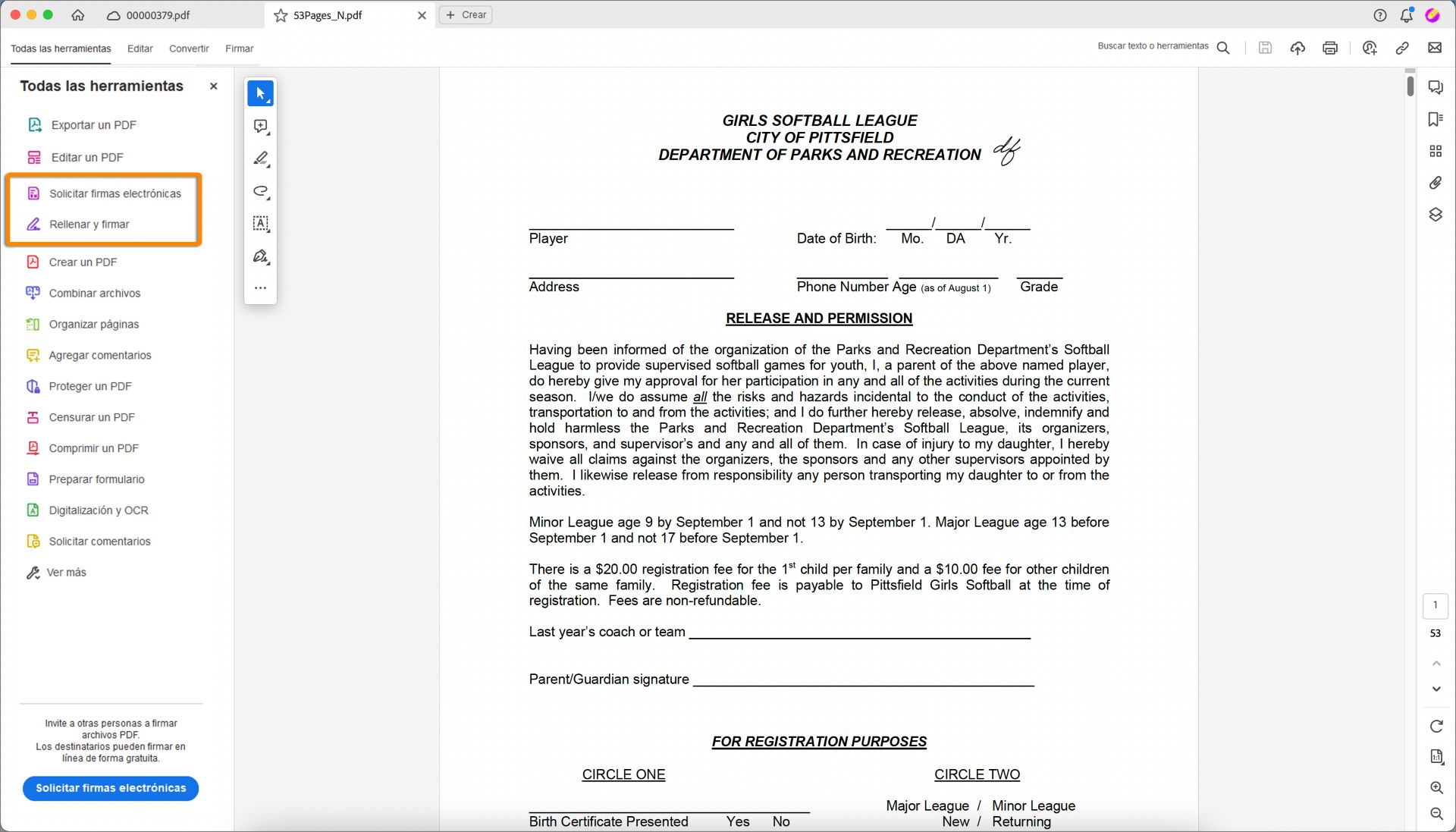 Las herramientas Solicitar firmas electrónicas y Rellenar y firmar ocupan ahora la tercera y cuarta posición.