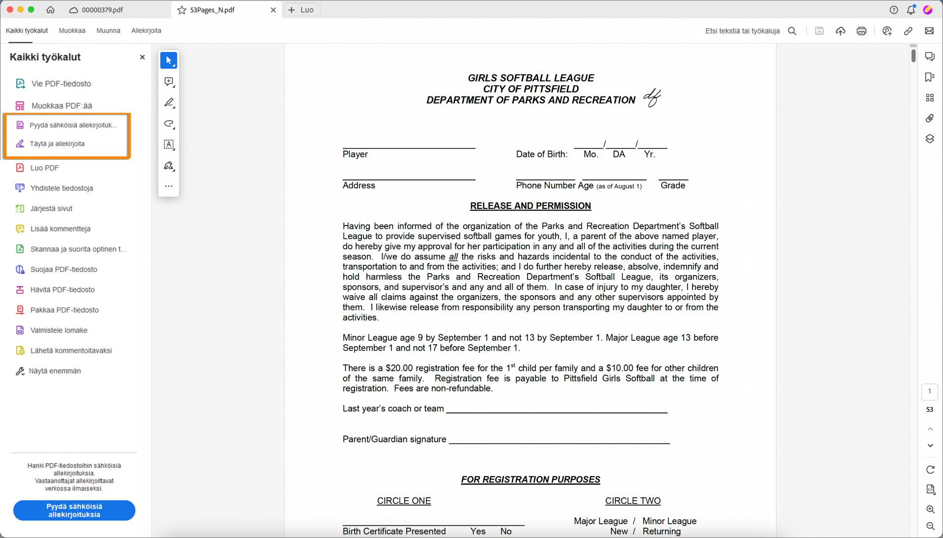 Pyydä allekirjoituksia- ja Täytä ja allekirjoita -työkalut ovat nyt kolmannella ja neljännellä sijalla.