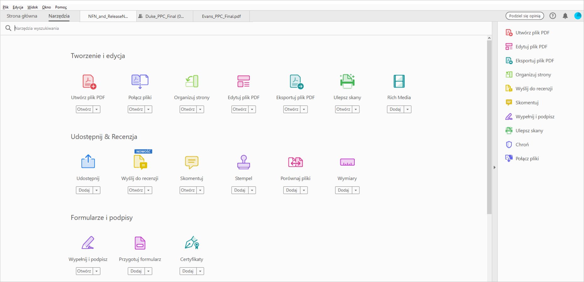 Centrum narzędzi w programie Acrobat