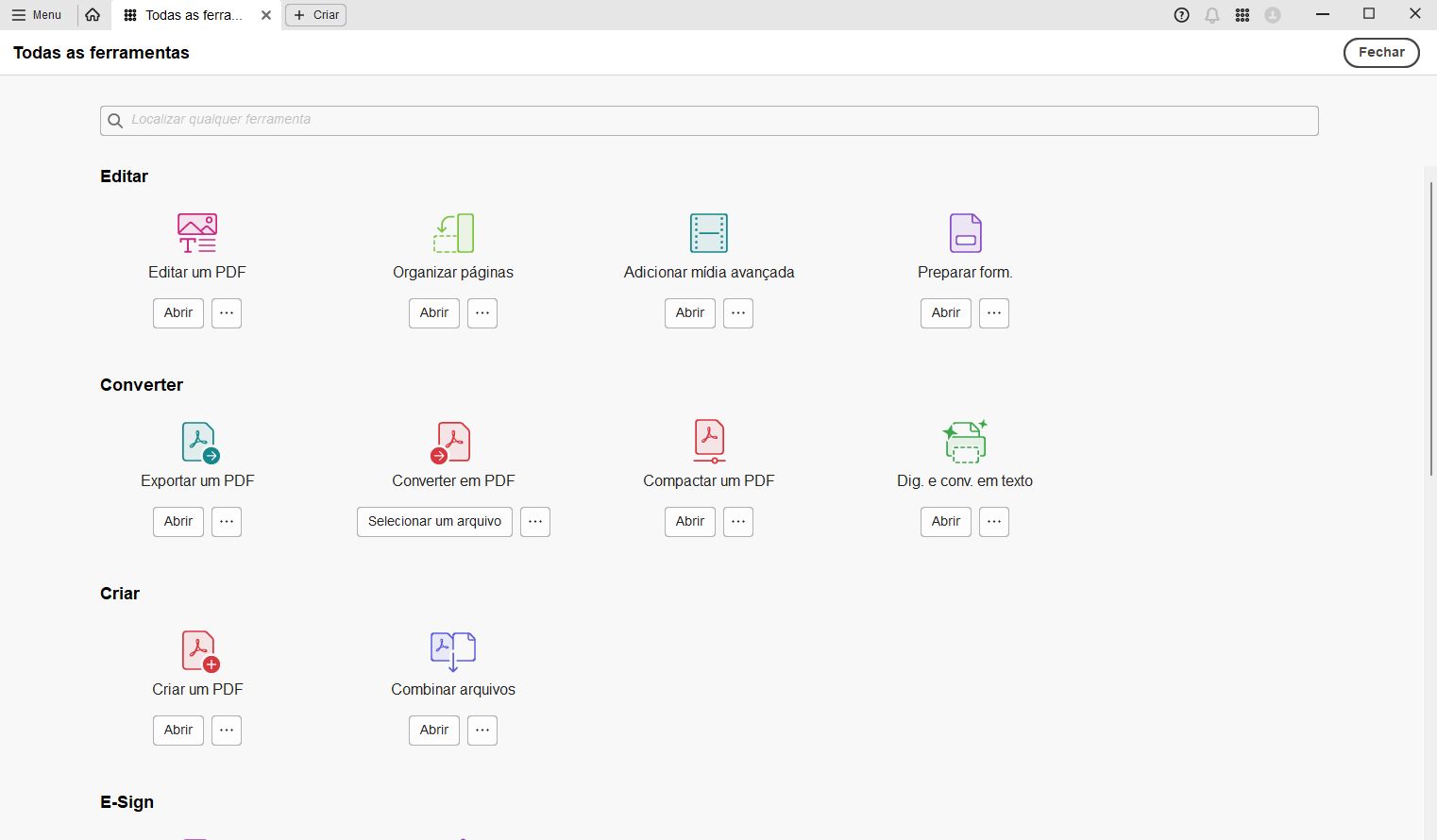 Centro de ferramentas no Acrobat