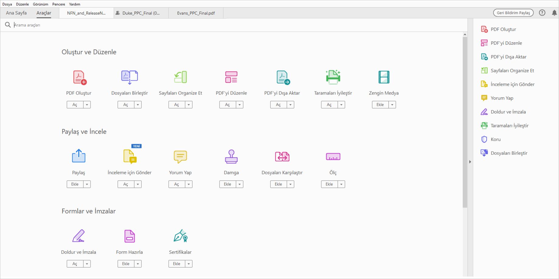 Acrobat'ta araçlar merkezi
