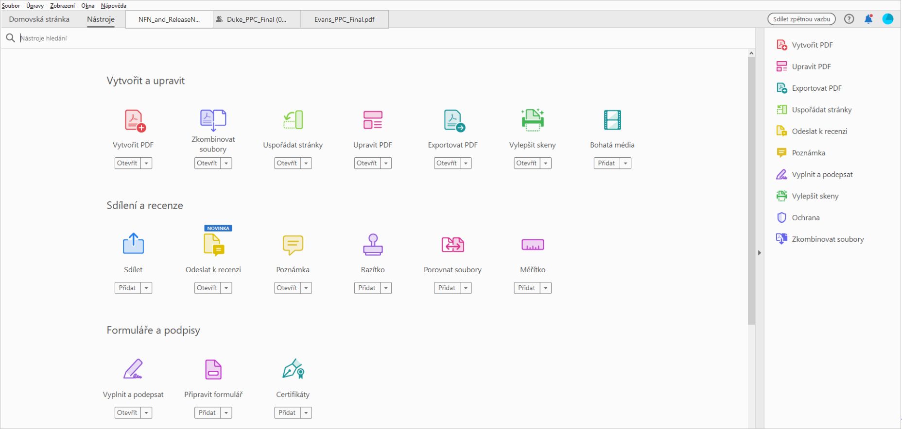 Centrum nástrojů v aplikaci Acrobat