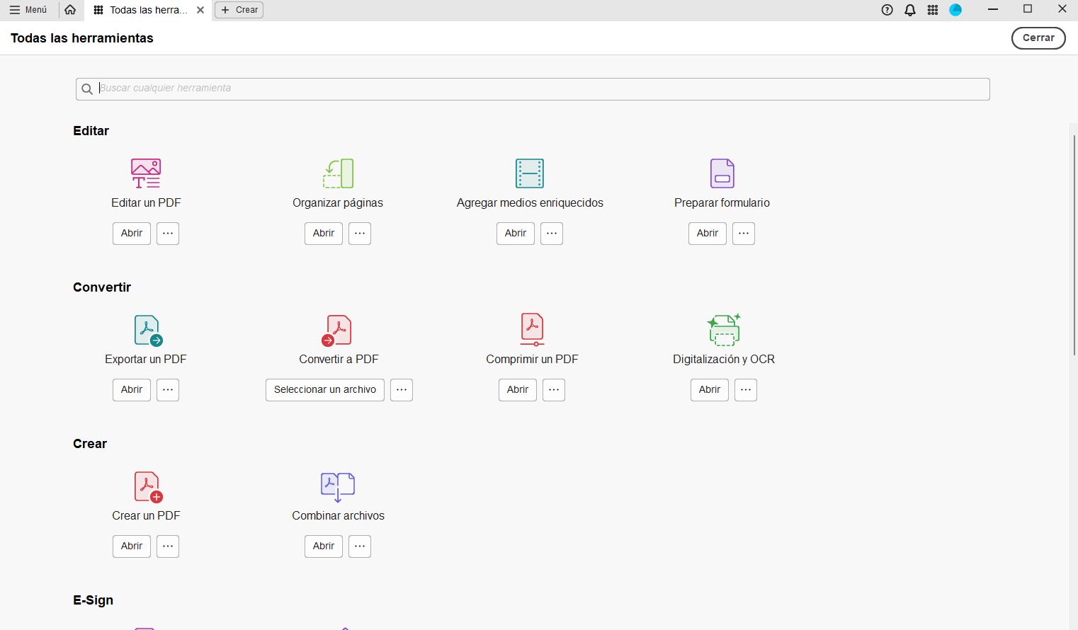 Centro de herramientas en Acrobat