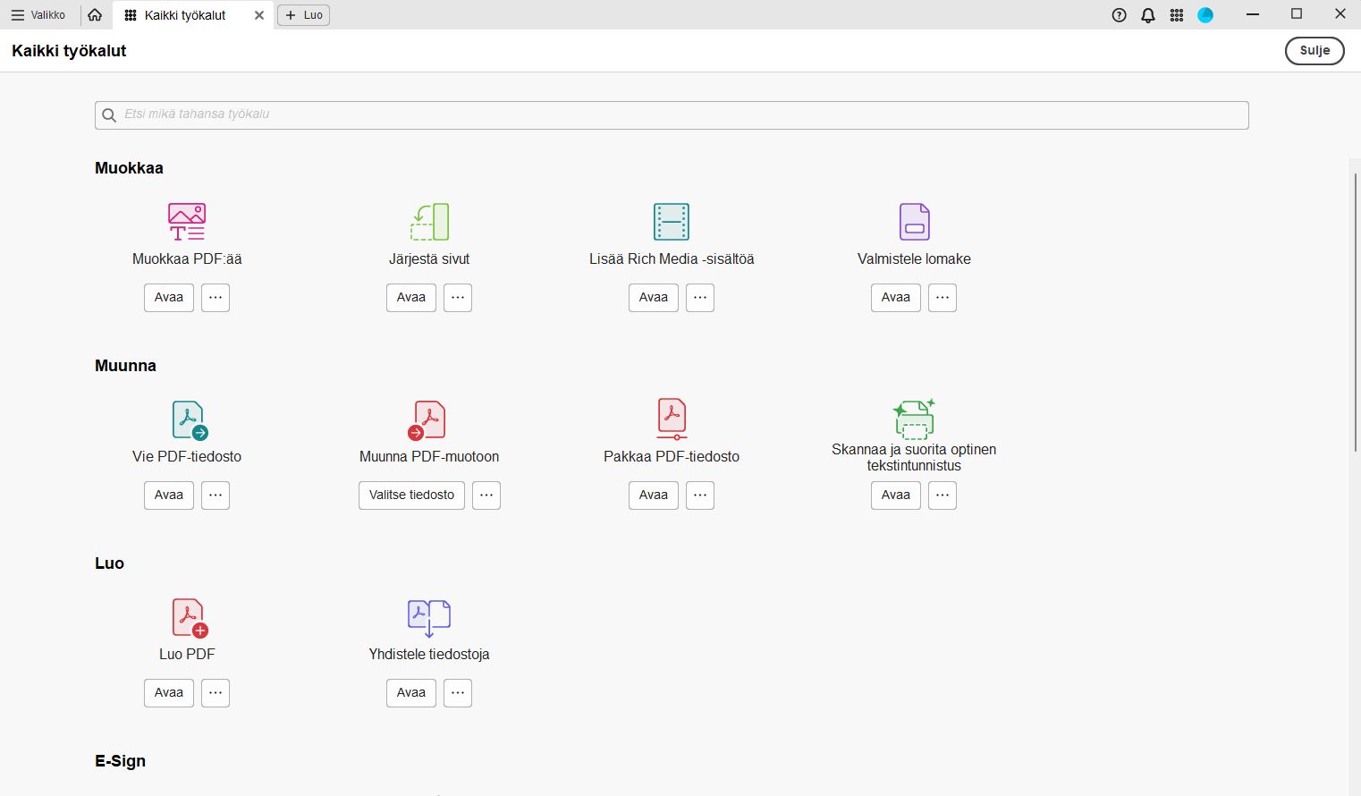 Työkalukeskus Acrobatissa
