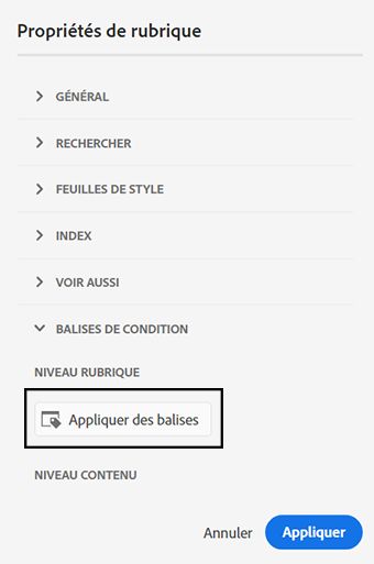 Boîte de dialogue Balises de condition