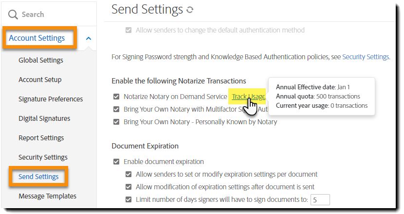 Página de configurações de envio com as informações de rastreamento de uso realçadas