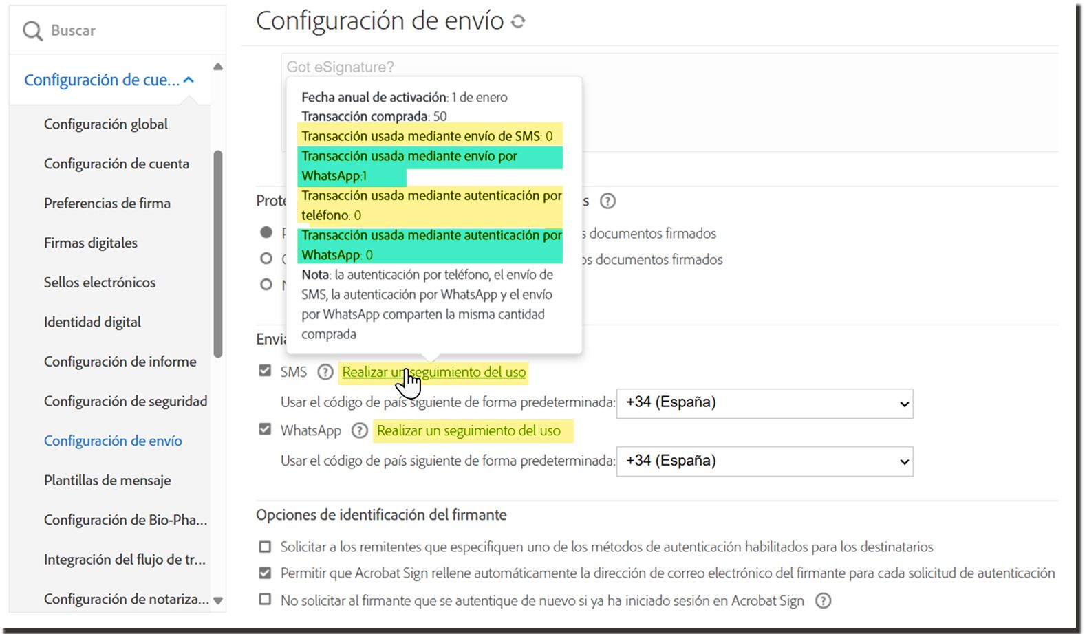 Página Configuración de envío resaltando el vínculo Seguimiento del uso y mostrando la ventana emergente de información
