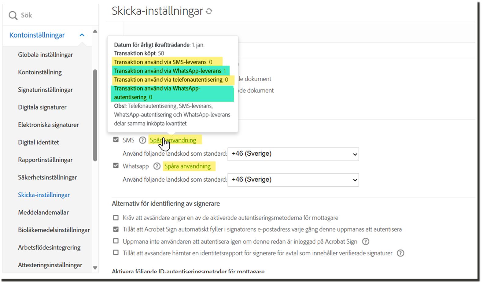 På sidan Sändningsinställningar markeras länken Spåra förbrukning med popup-meddelandet med information som visas