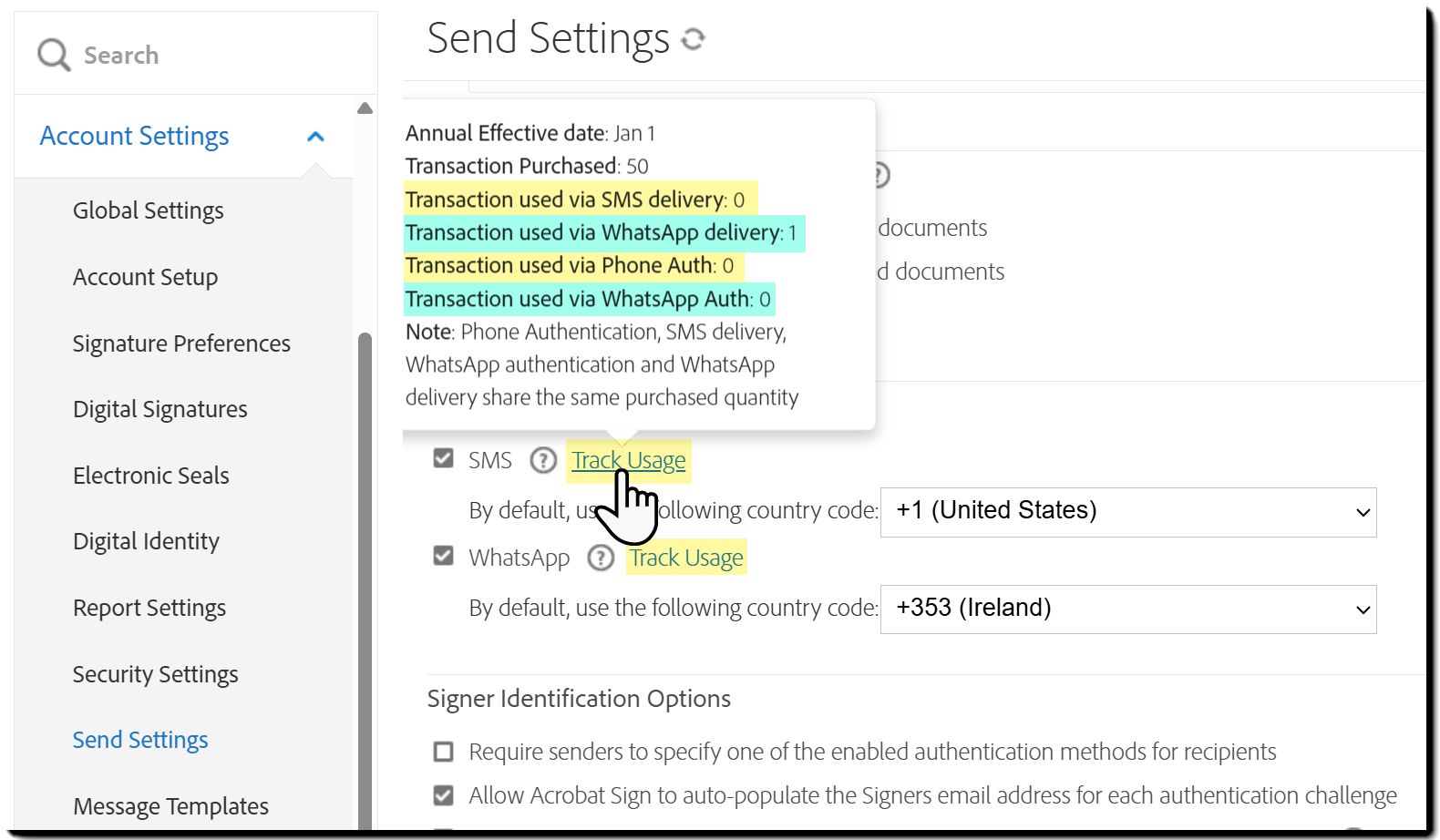A página Configurações de envio destacando o link Rastrear o uso com o pop-out de informações exposto