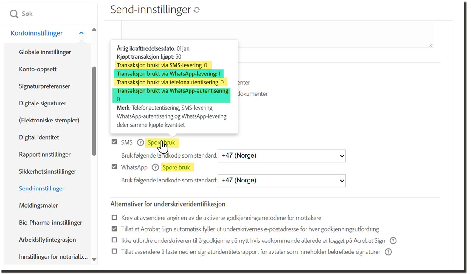 Siden Sendingsinnstillinger uthever koblingen med Spor bruk med synlig popup-informasjon