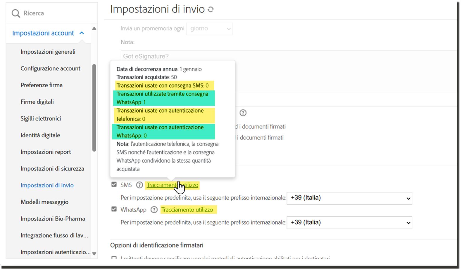 Pagina Impostazioni di invio che evidenzia il collegamento Traccia utilizzo con la finestra a comparsa delle informazioni esposta