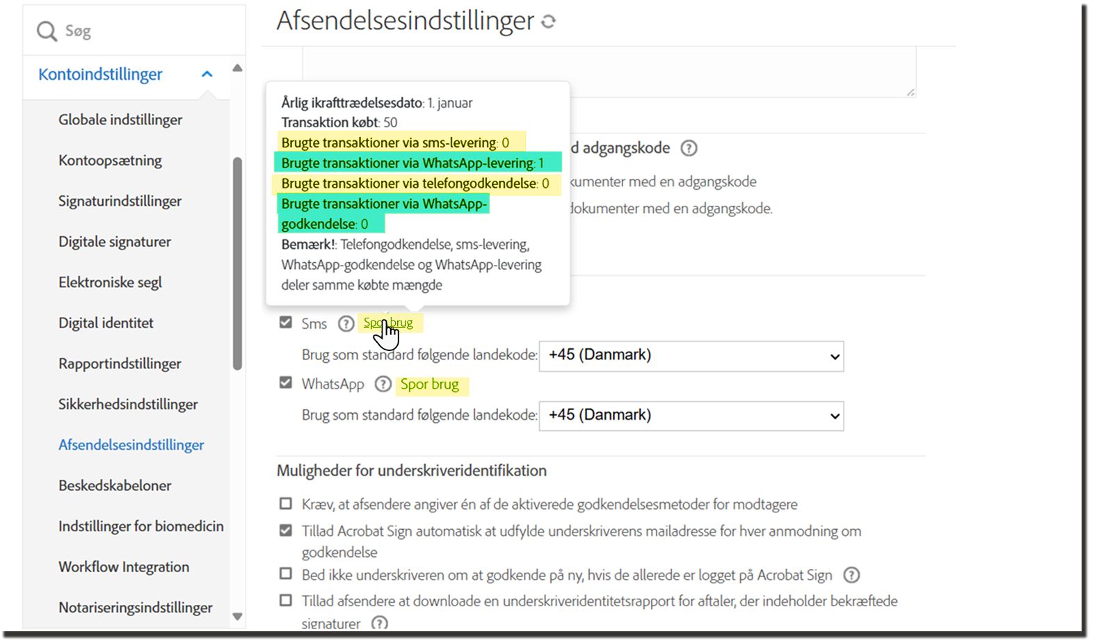 Siden Afsendelsesindstillinger, der fremhæver linket Spor brug med pop ud-oplysningerne vist
