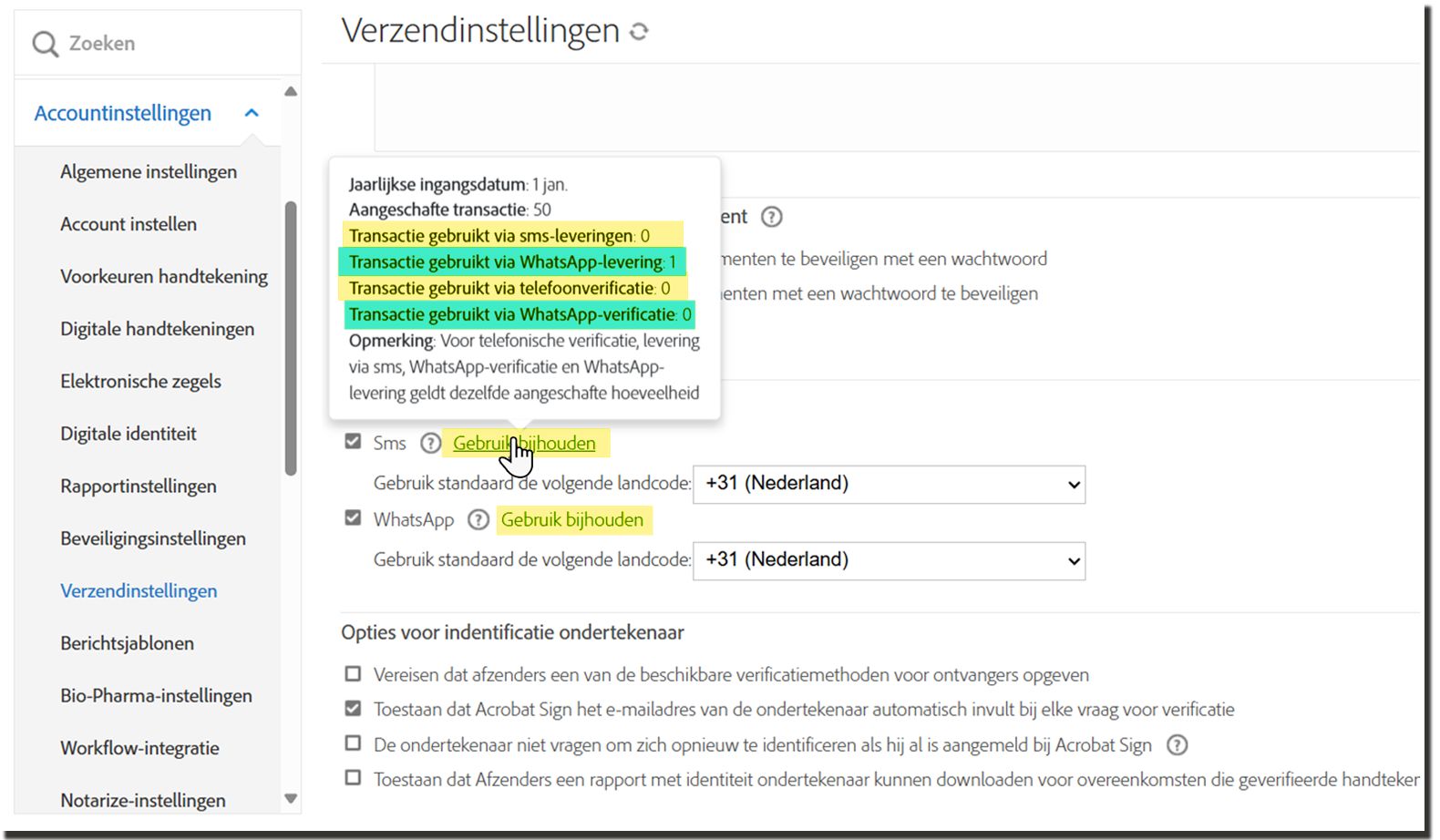 De pagina Verzendinstellingen met de koppeling voor Gebruik traceren gemarkeerd en de pop-out voor informatie zichtbaar