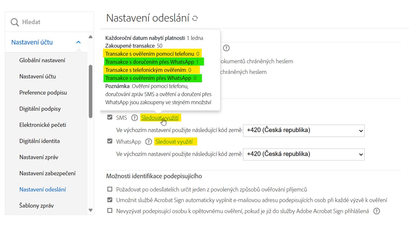 Stránka Nastavení odesílání se zvýrazněním odkazu Sledování využití s odkrytým vyskakovacím oknem s informacemi.