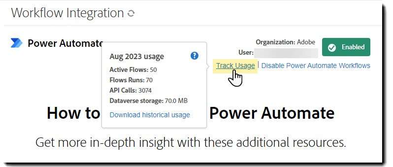 Страница Power Automate с выделенной ссылкой «Отслеживание использования» и всплывающим окном использования