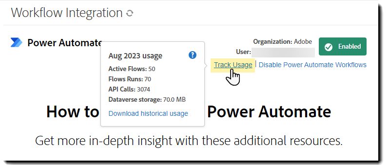 Power Automate-pagina met de koppeling Gebruik bijhouden gemarkeerd en de gebruikspop-out