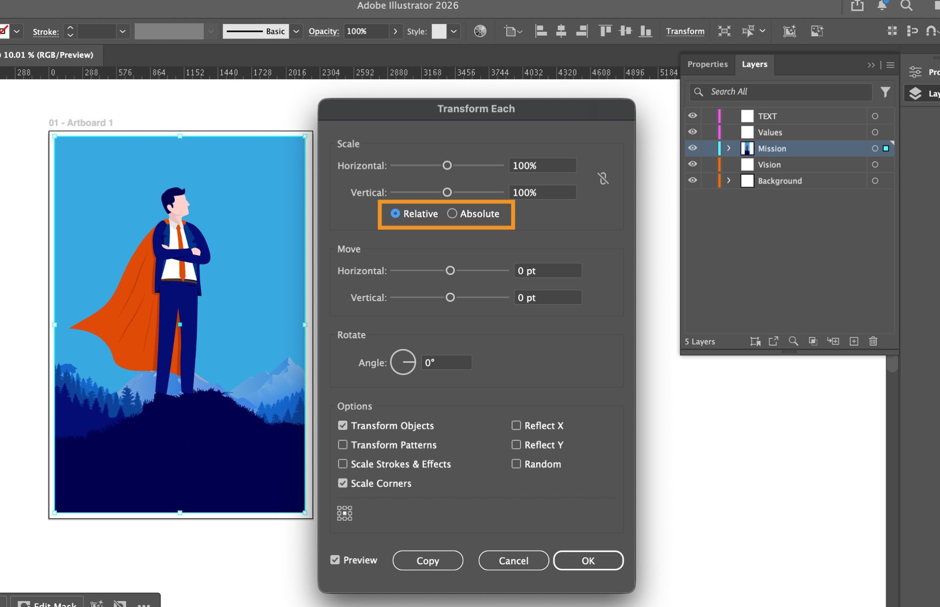 The canvas displays an artwork, and the Transform Each panel shows highlighted Relative and Absolute scaling option, along with other available settings.