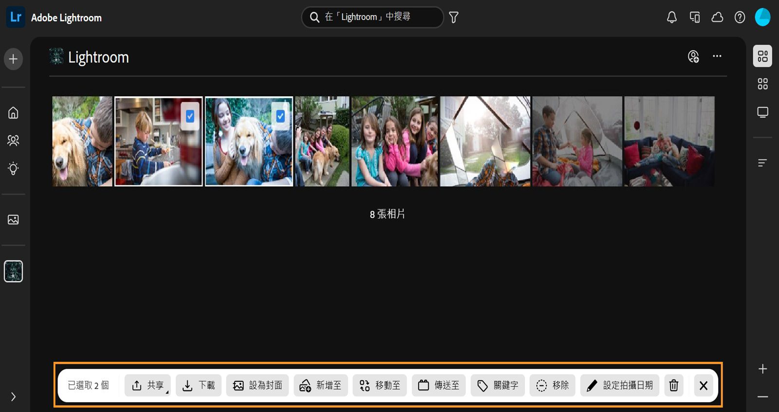 在「已共享相簿」檢視中選取兩張影像，並強調顯示一個藍色列，其中包含共用、下載、設定為封面、新增至、移至、傳送至、關鍵字、移除和刪除等動作的選項。