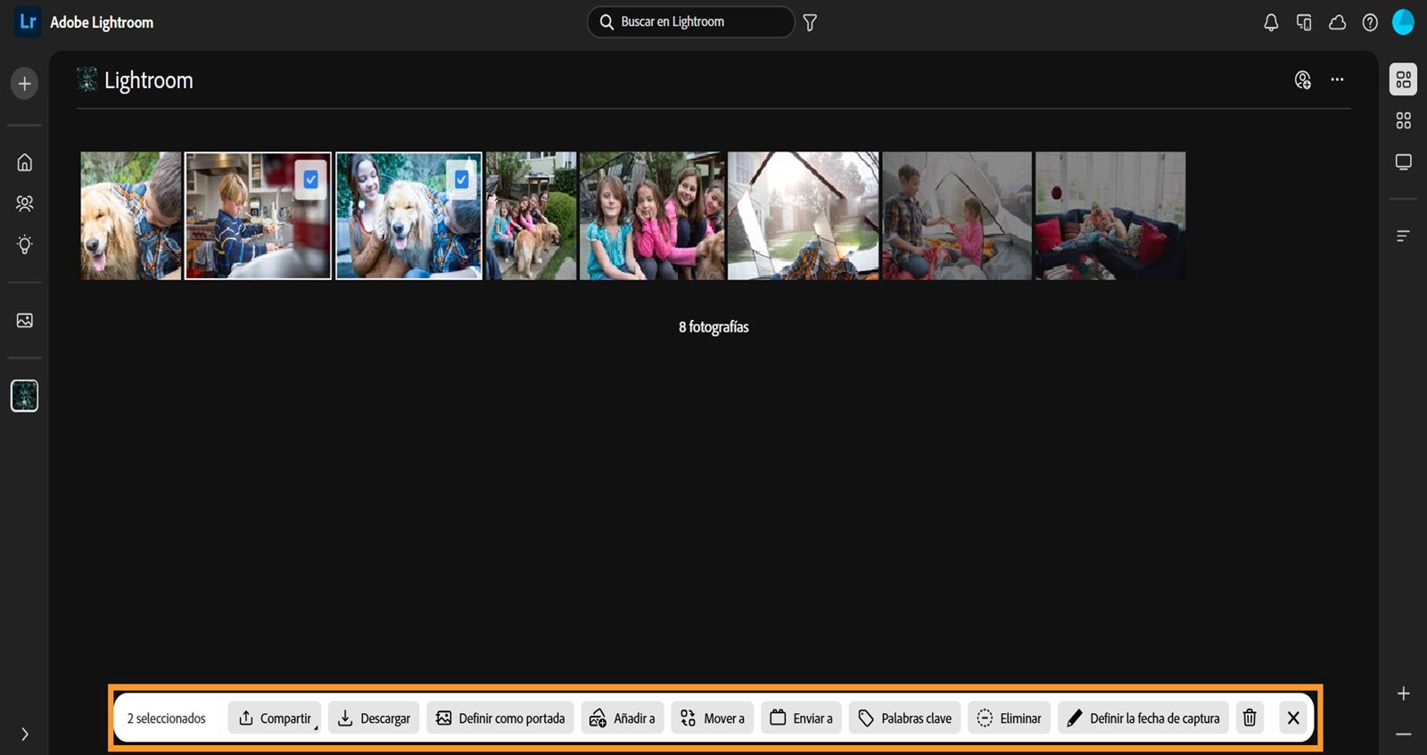Se seleccionan dos imágenes en la vista de álbumes compartidos con una barra azul resaltada con opciones para acciones como compartir, descargar, establecer como portada, añadir a, mover a, enviar a, palabra clave, quitar y eliminar.