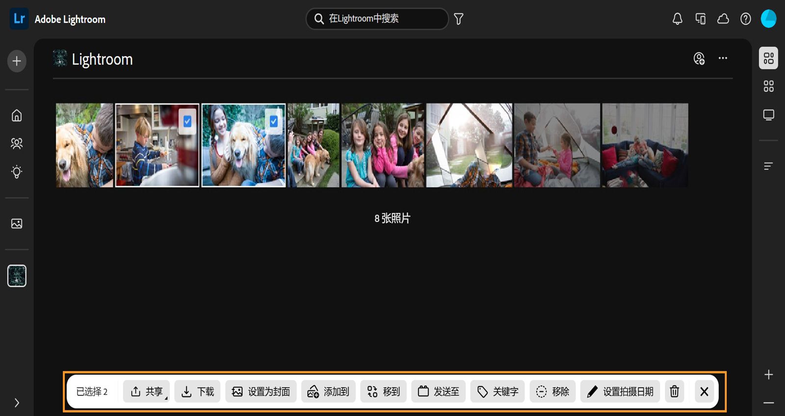 已在“共享相册”视图中选中两张图像，突出显示的蓝色条中包含多个操作选项，例如“共享”、“下载”、“设置为封面”、“添加到”、“移到”、“发送至”、“关键字”、“移除”和“删除”。