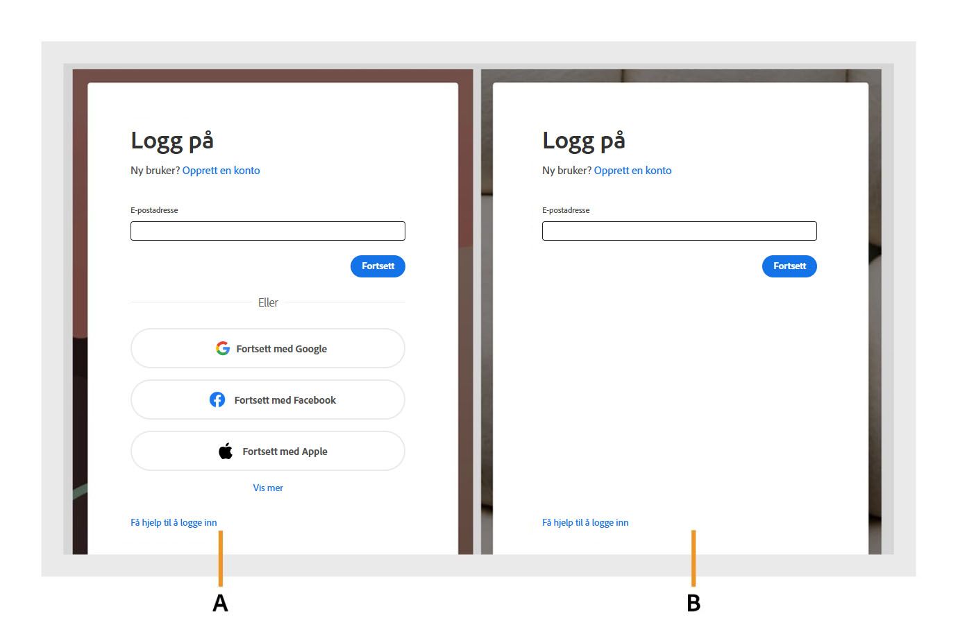 To påloggingsdialogbokser i Acrobat, der alternativene for sosial pålogging vises i den første dialogboksen og skjules i den andre dialogboksen.