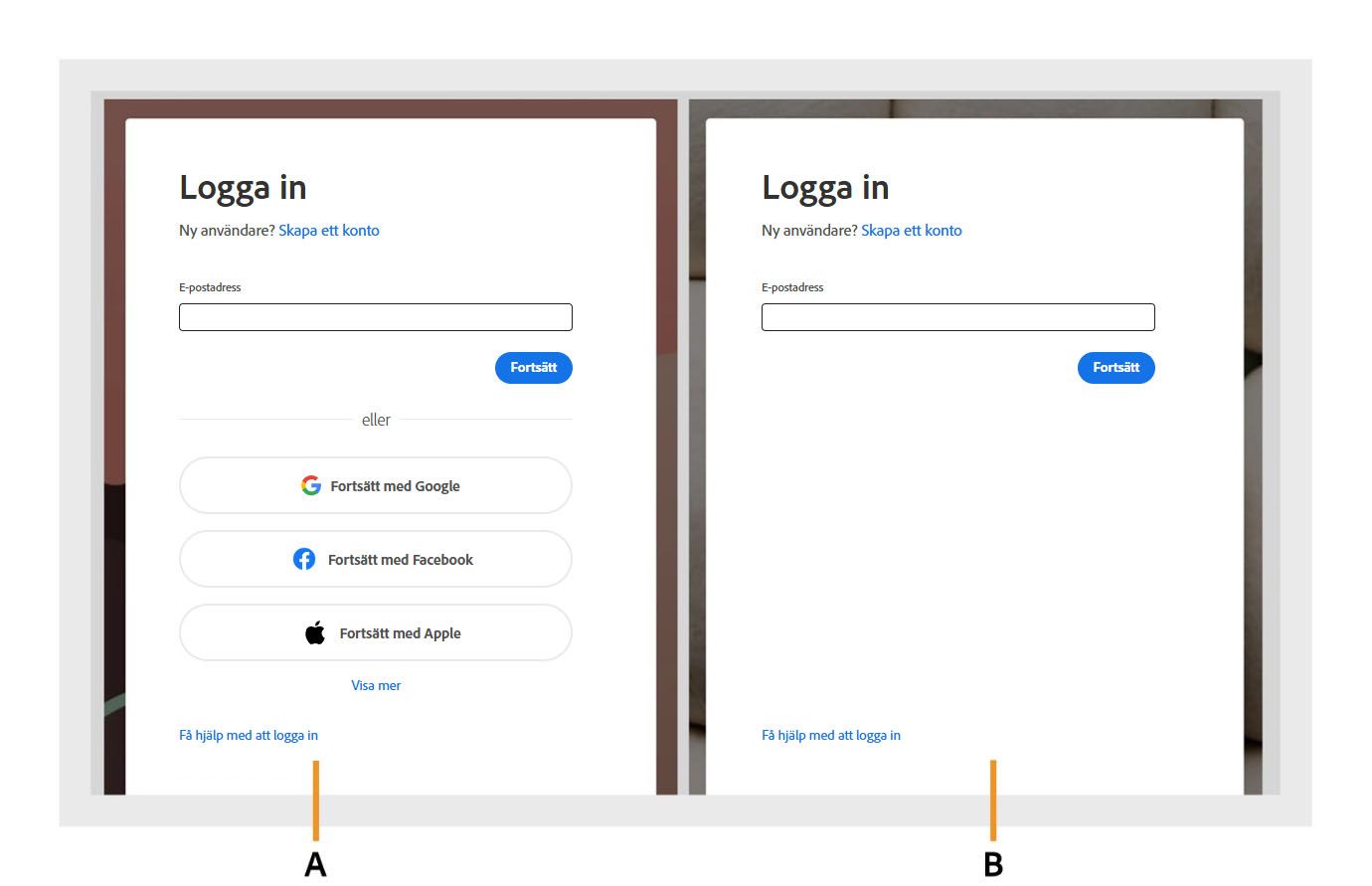 Två inloggningsdialogrutor i Acrobat, där alternativen för social inloggning visas i första dialogrutan och dolda i andra dialogrutan.