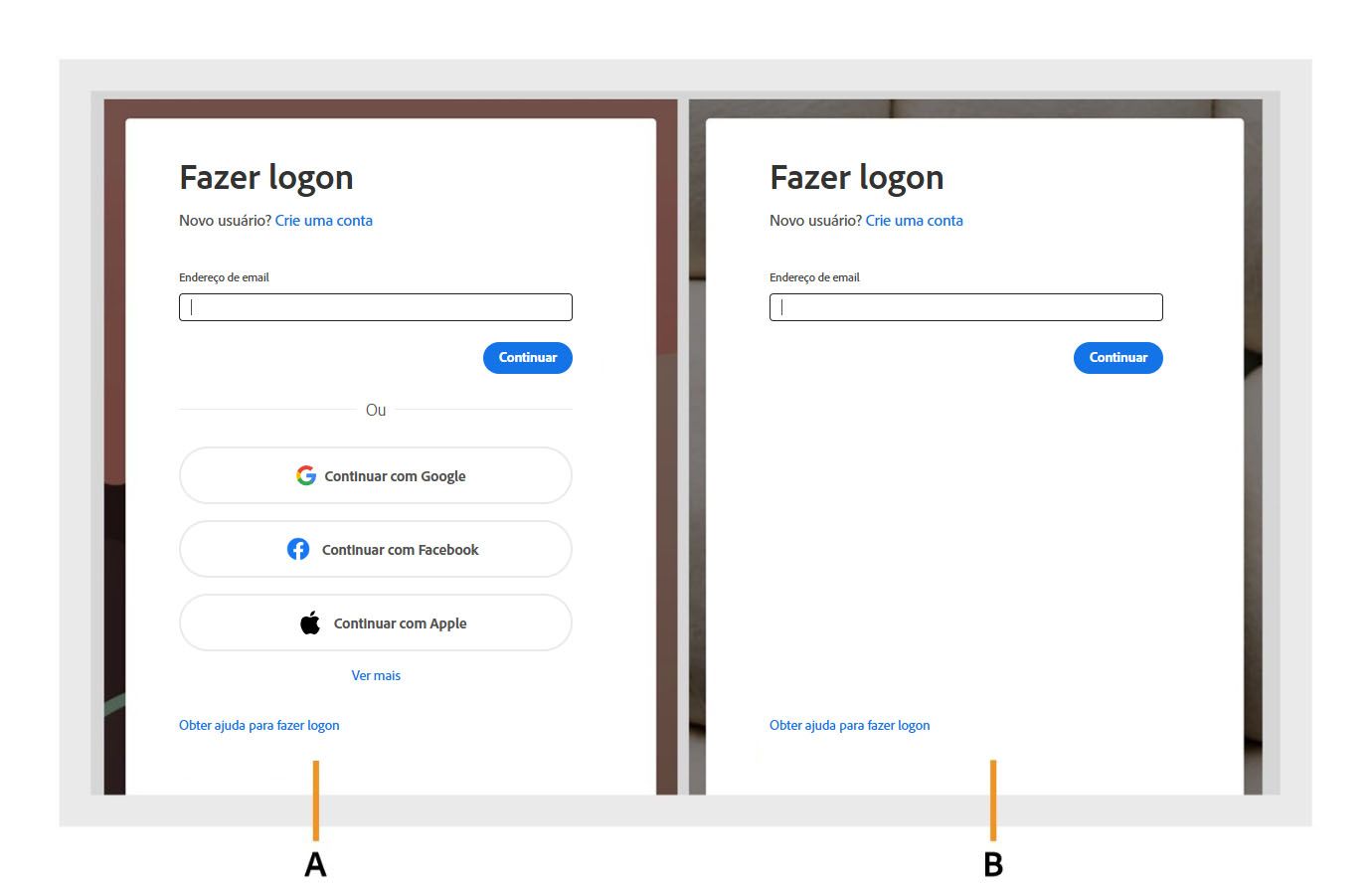 Duas caixas de diálogo de logon do Acrobat, onde as opções de logon por rede social são exibidas na primeira caixa de diálogo e ocultas na segunda.