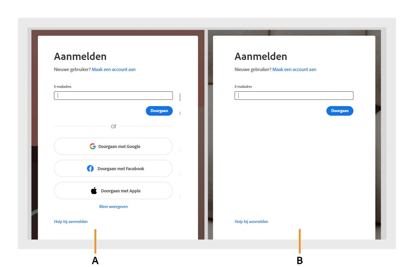 Twee aanmeldingsdialoogvensters van Acrobat, waarbij de opties voor aanmelden via sociale media worden weergegeven in het eerste dialoogvenster en verborgen in het tweede dialoogvenster.