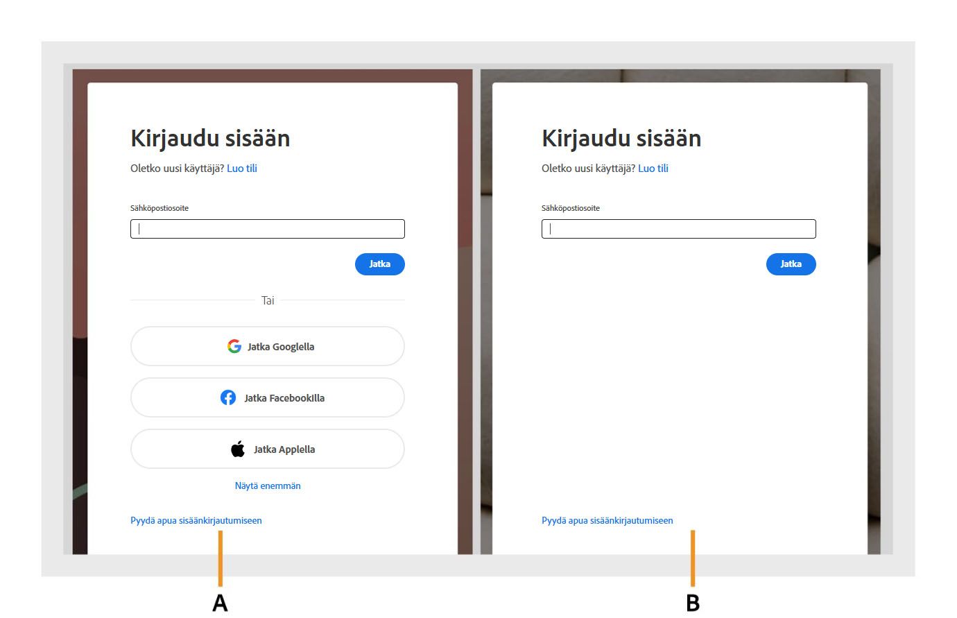 Acrobatissa on kaksi kirjautumisvalintaikkunaa, joissa yhteisöpalvelukirjautumisen asetukset näkyvät ensimmäisessä valintaikkunassa ja ovat piilotettuina toisessa.
